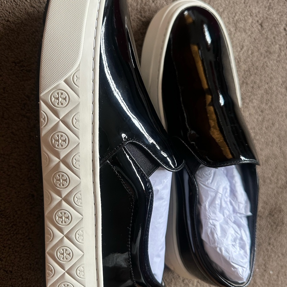 Tory Burch Black Patent Leather Slip-On Sneakers